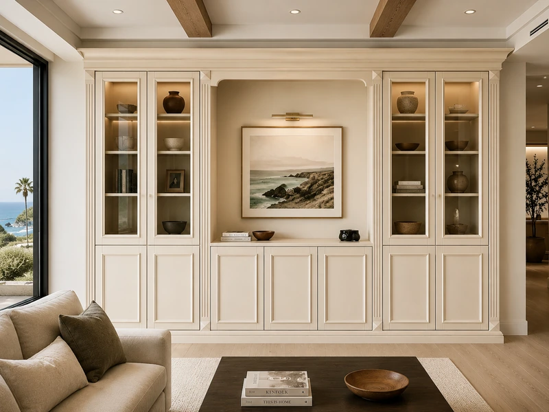 Custom built-in cabinetry with glass display cabinets and integrated storage in a transitional living room