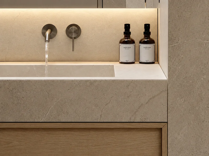 Custom bathroom vanity with integrated stone sink, oak cabinetry and concealed lighting