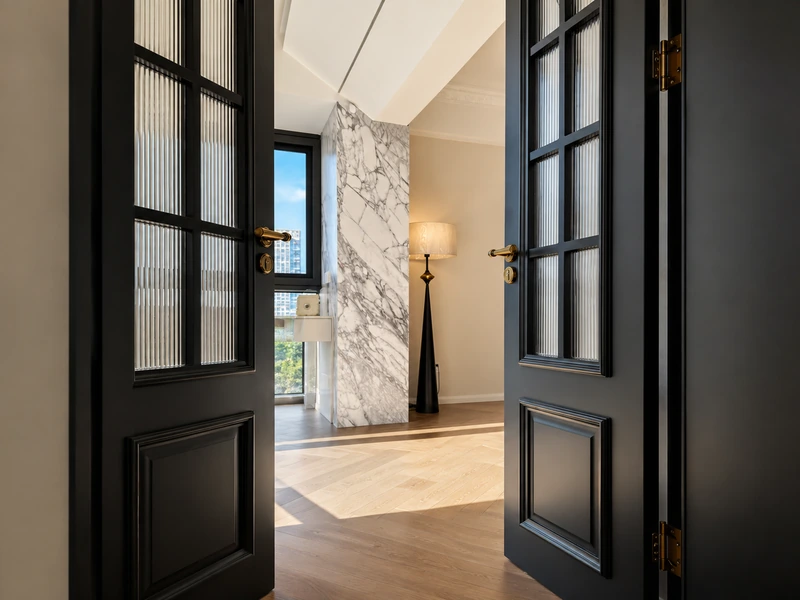 Custom black glazed double interior doors with brass hardware in a contemporary residential interior