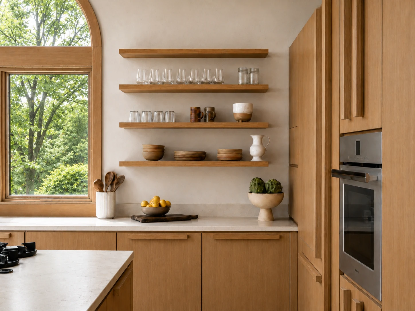 Custom kitchen cabinetry with natural oak finishes and built-in storage for a modern residential kitchen