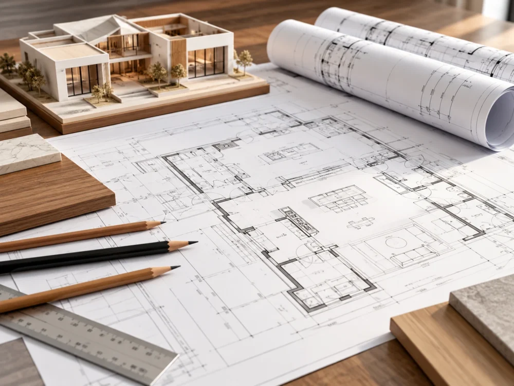 Architectural floor plans with a scale model, rolled drawings and material samples for custom cabinetry and millwork project planning.