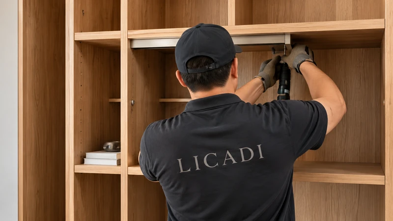 Installer fitting custom built-in cabinetry and hardware during on-site installation.
