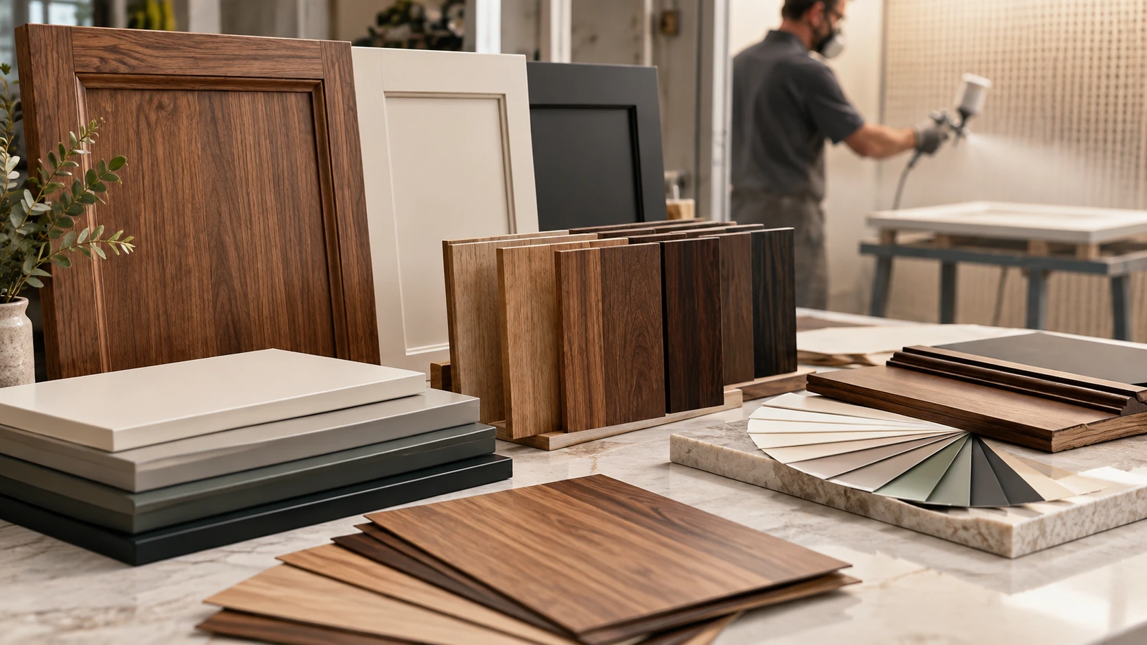 Custom cabinetry finishing and color matching with painted samples, wood veneers and stain finishes.