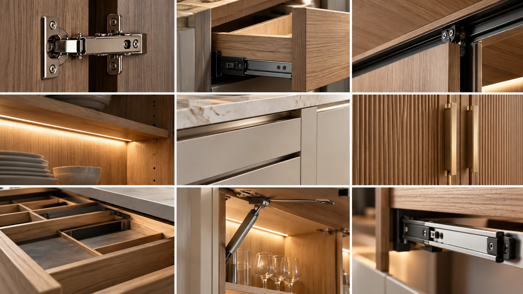 Custom cabinetry hardware integration with soft-close hinges, drawer runners, sliding mechanisms and integrated LED lighting.