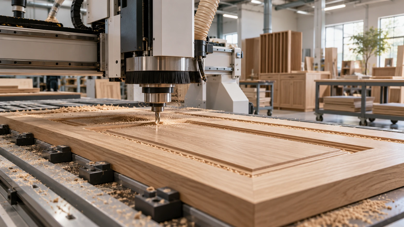 CNC precision machining a wood panel for custom cabinetry and architectural millwork production.