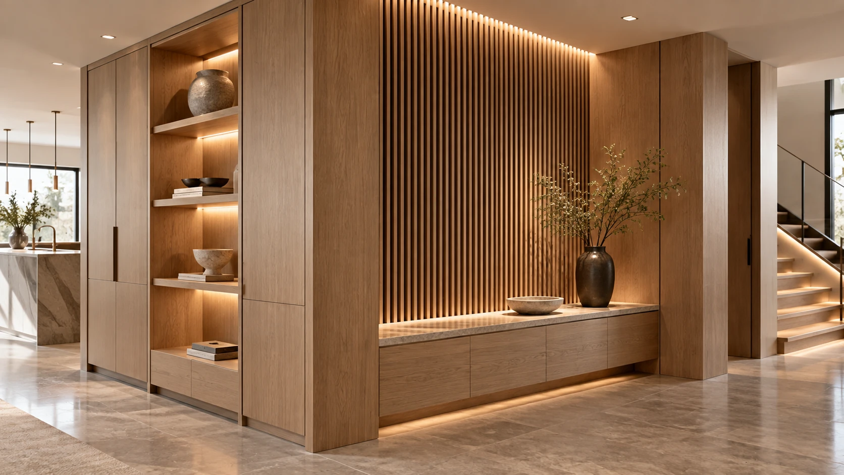 Custom architectural millwork with built-in cabinetry, slatted wood panels, integrated shelving and display niches.