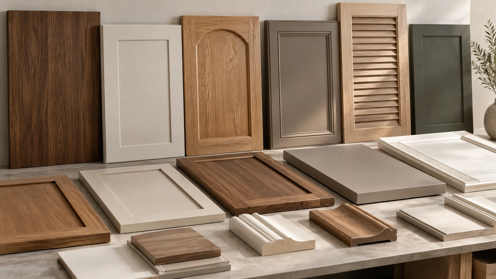 Custom cabinet door and profile options including shaker, arched, louvered, lattice and wood-grain styles.