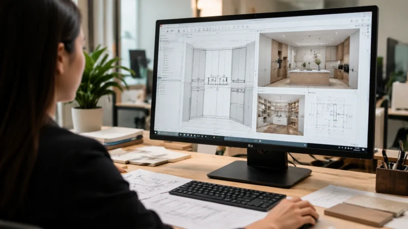 Custom cabinetry design studio with 3D renderings, technical drawings and interior project development on a computer monitor.
