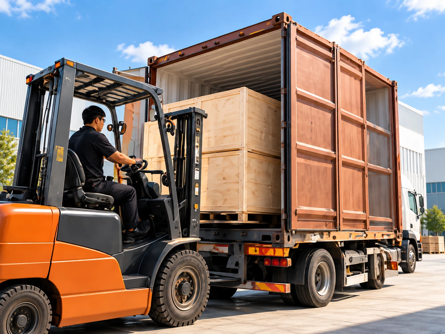 Custom cabinetry packed in wooden crates being loaded into a shipping container by forklift for export.