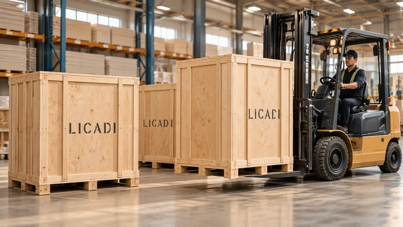 Custom cabinetry export packaging with wooden crates and forklift handling products in a modern warehouse.