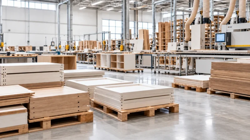 Custom cabinetry and architectural millwork manufacturing in a modern production workshop.