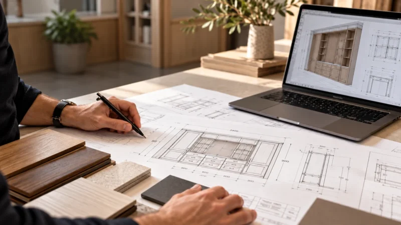 Custom cabinetry design development with detailed drawings, dimensions and material samples.
