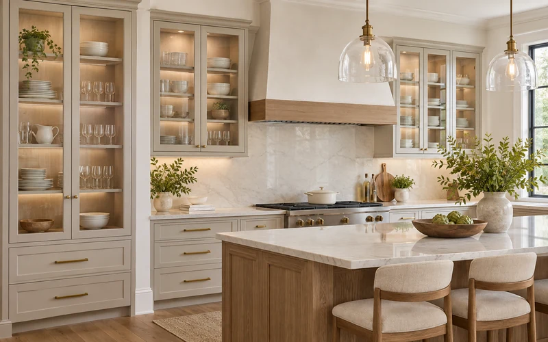 Glass-front kitchen cabinetry with illuminated display cabinets and warm wood island