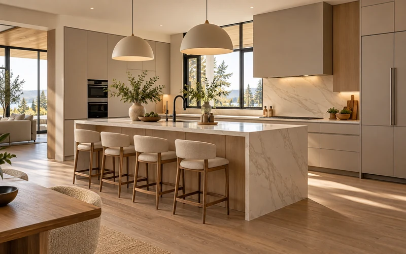 Modern handleless kitchen cabinetry in warm neutral tones with natural wood accents