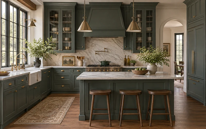 Inset kitchen cabinetry with dark green framed doors, marble countertops and brass hardware