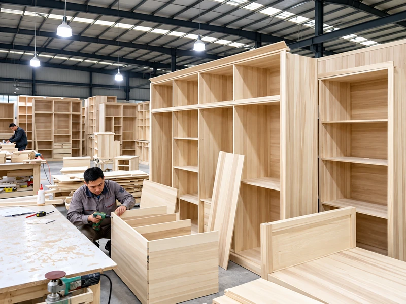 Craftsman assembling custom cabinetry components in a woodworking workshop