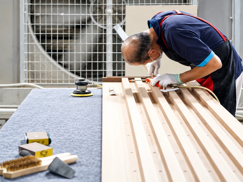 Craftsman carefully finishing a custom wood panel during cabinetry production