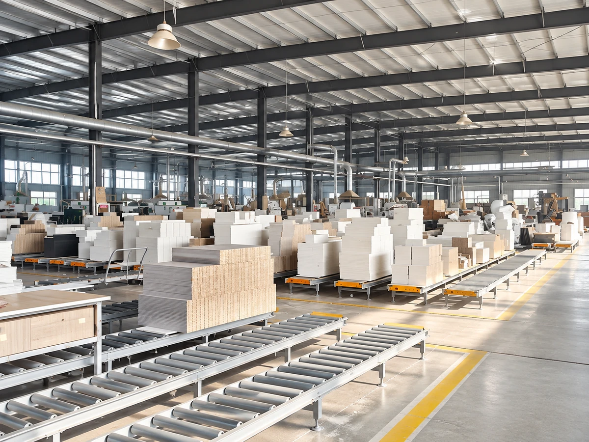 Licadi's organized manufacturing workshop featuring production lines, material handling systems, and woodworking equipment for custom cabinetry and architectural millwork projects.