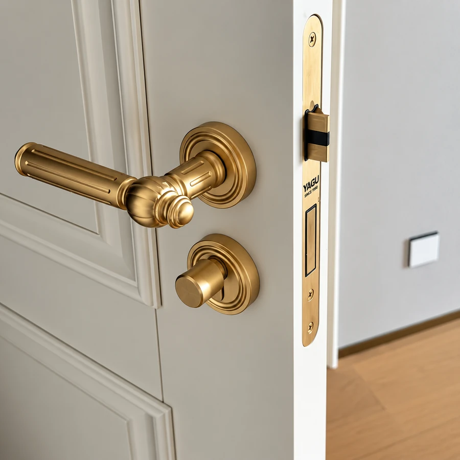 Close-up detail of a custom interior door with premium hardware and refined craftsmanship