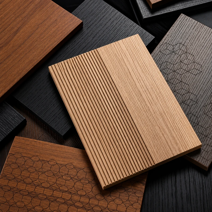 Wood veneer and surface finish samples for custom cabinetry and interior millwork