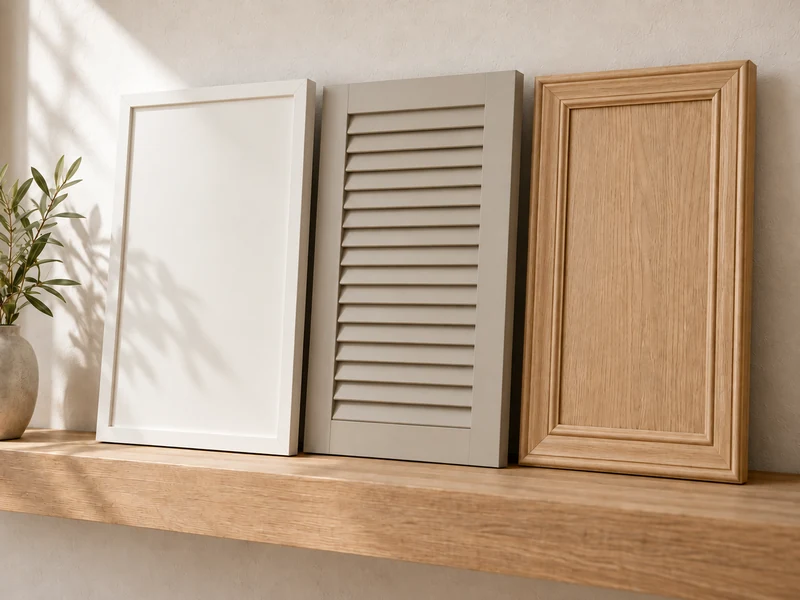 Replacement cabinet door samples in white slim-frame, greige louvered and oak-finish moulded designs.