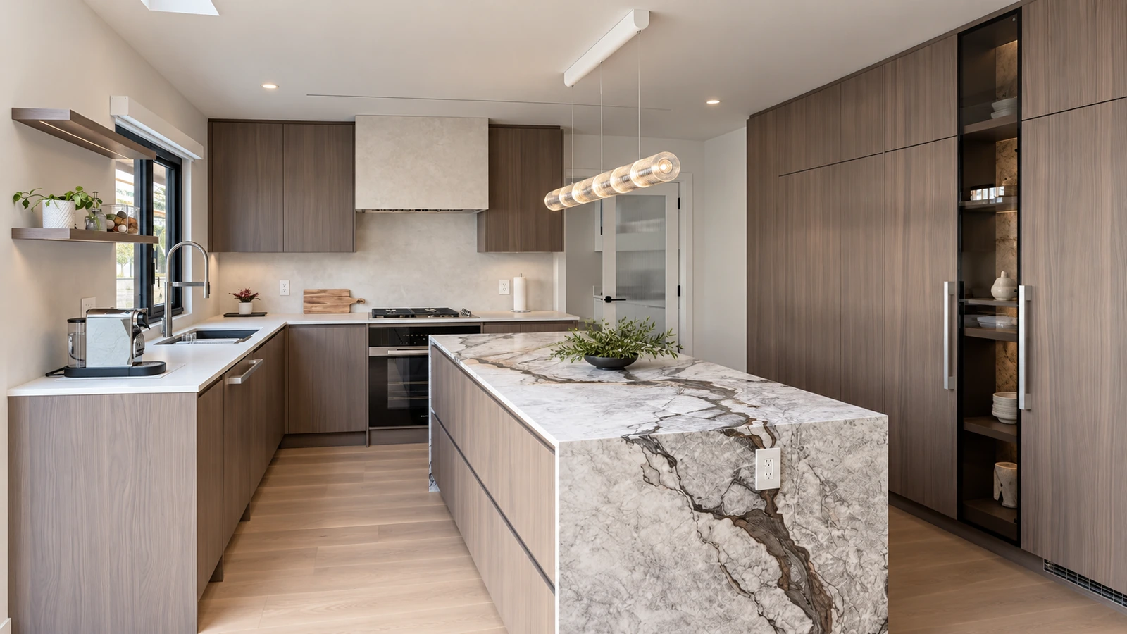 Modern slab kitchen cabinetry with full-height storage and a waterfall stone island in an Orange County residence.
