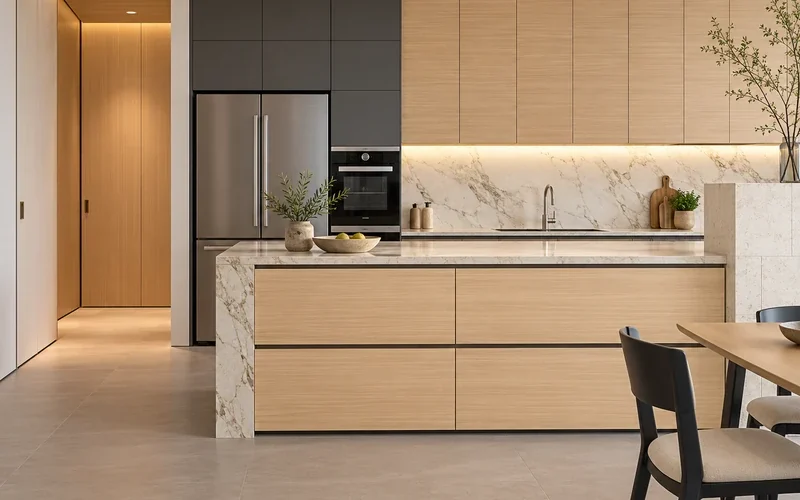 Modern slab kitchen cabinetry with light wood flat-panel doors and marble island
