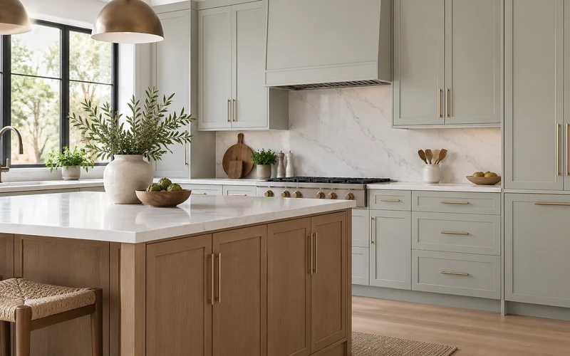 Slim Shaker kitchen cabinetry with narrow frame doors and brass hardware
