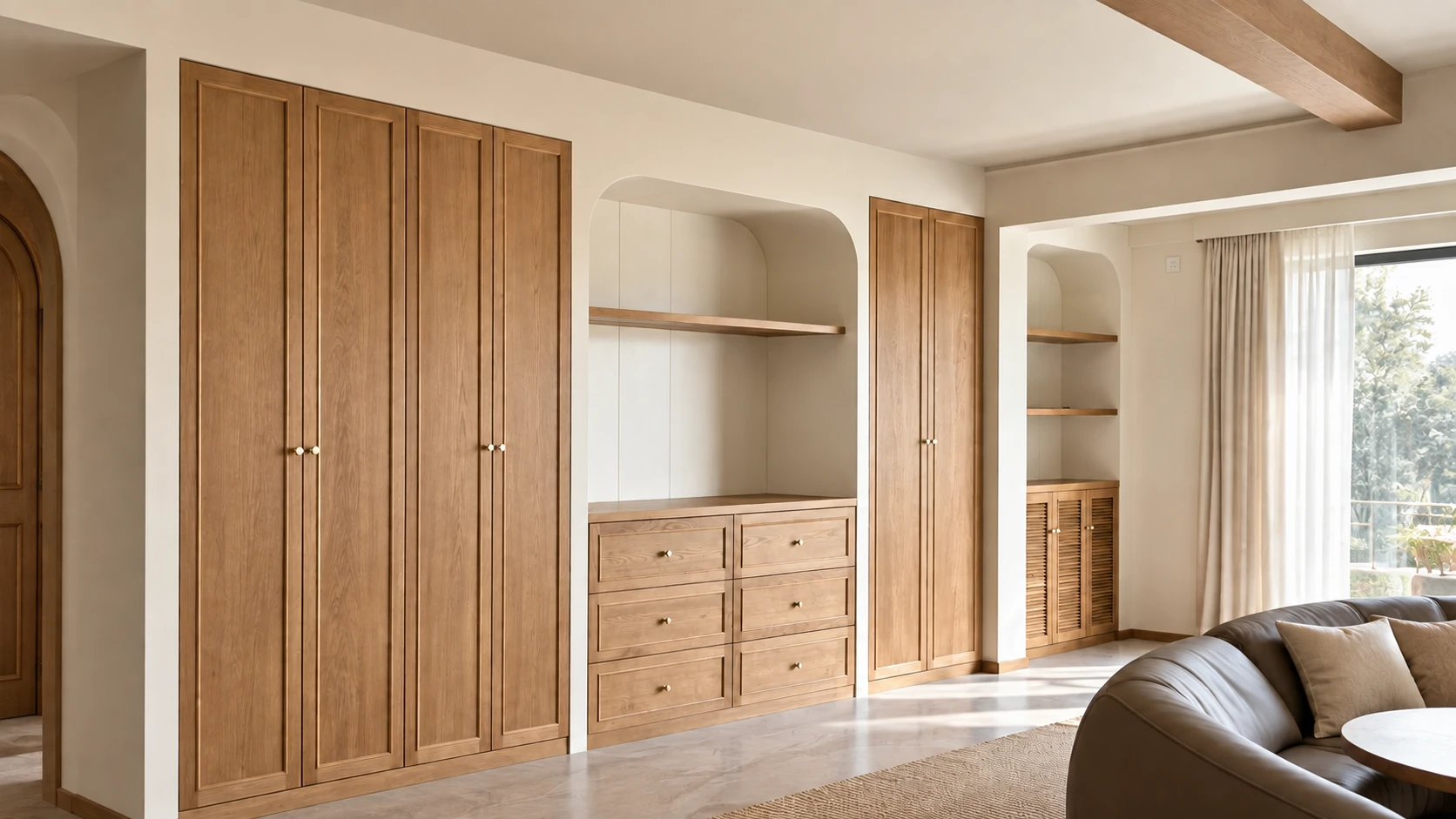 Custom built-in timber cabinetry with tall storage, drawers and an integrated wall niche in a Sydney residence.