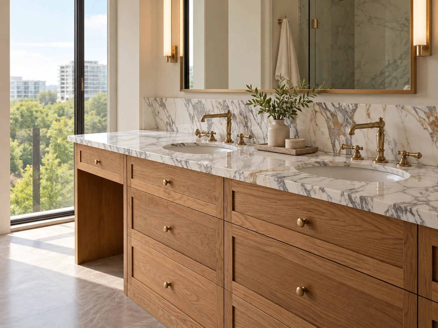 Custom bathroom vanity with natural wood cabinetry, marble countertop, double basins and brass hardware