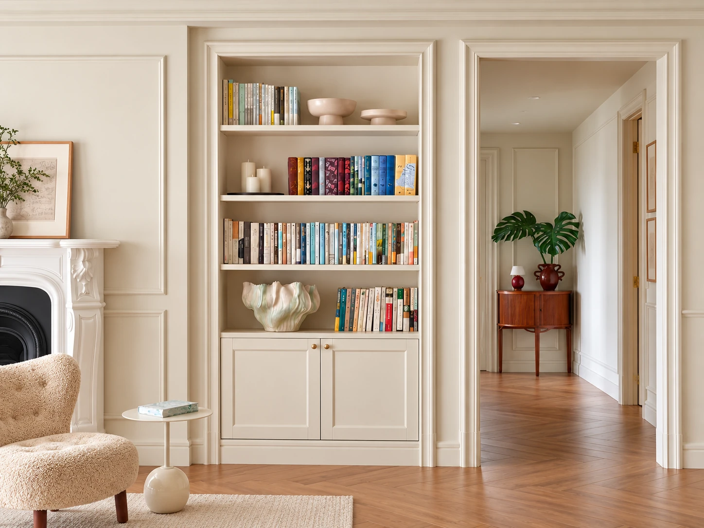 Custom built-in cabinetry with open bookshelves and concealed storage in a refined residential interior