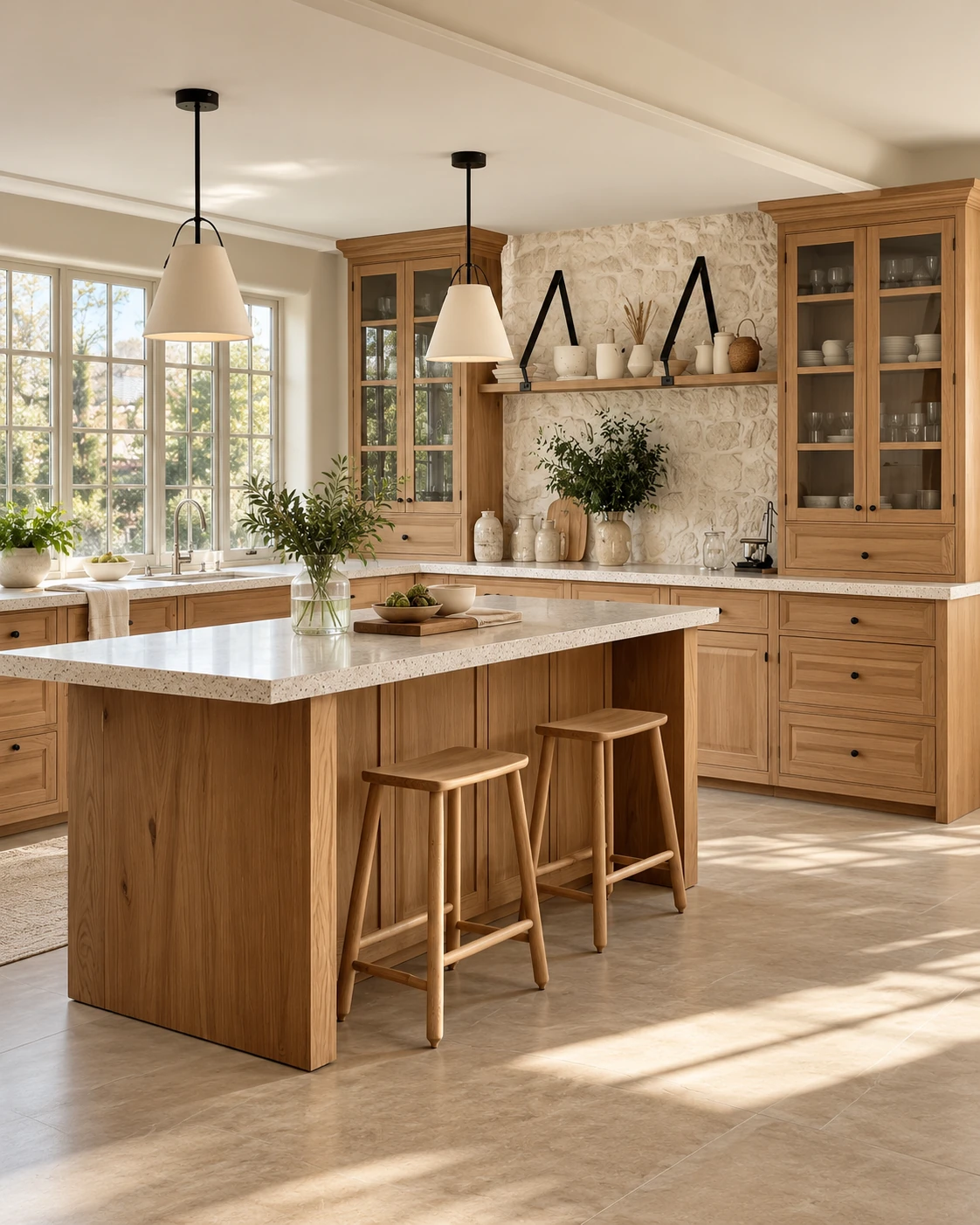 Custom kitchen cabinets with natural wood cabinetry, built-in storage and stone countertops