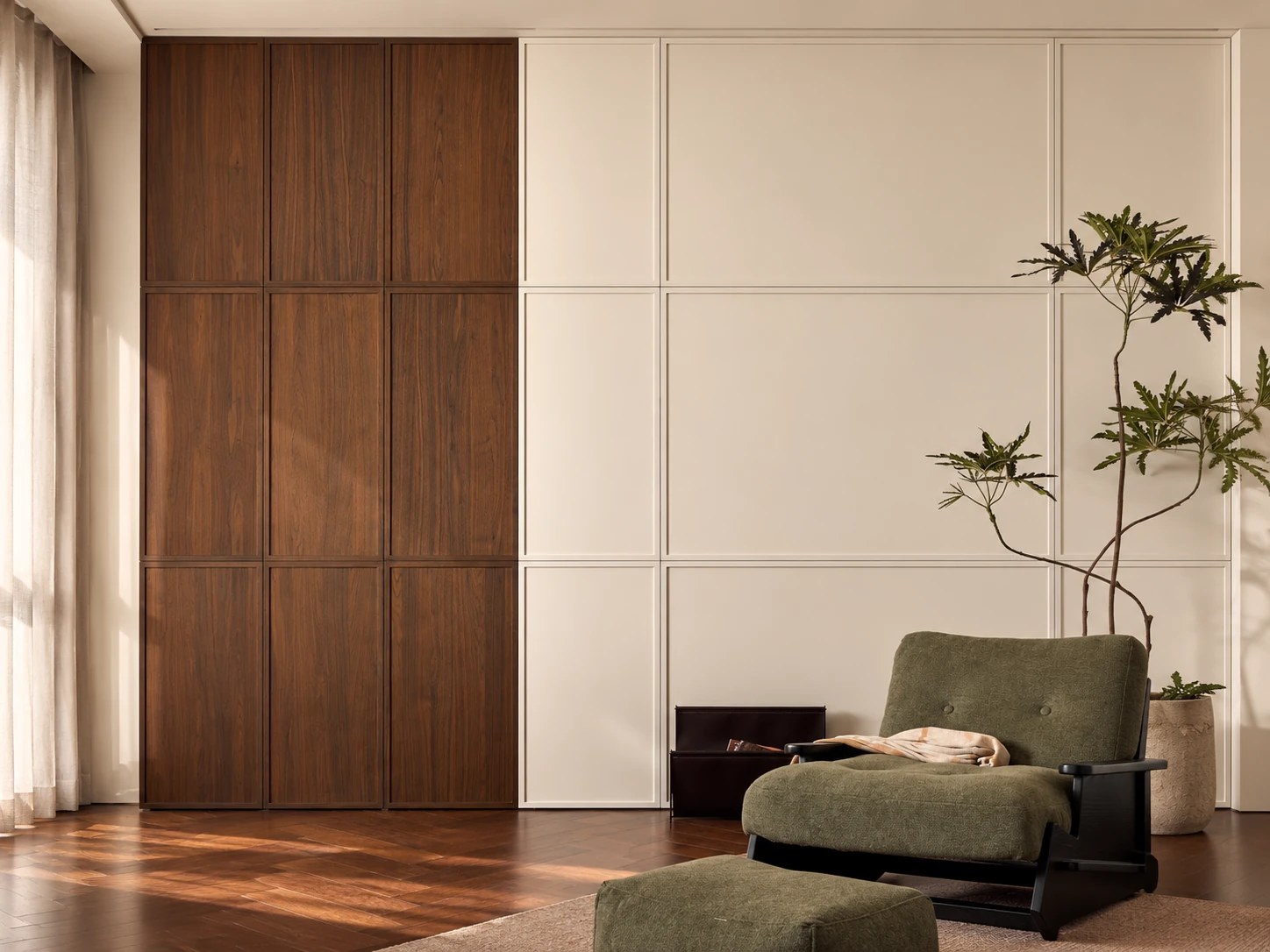 Custom wall panels with walnut veneer and painted millwork in a refined residential interior