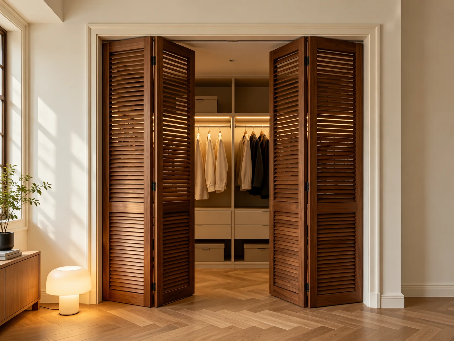 Custom walk-in closet with walnut louvered doors, built-in wardrobes, drawers and integrated lighting